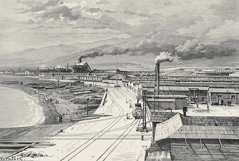 Vista del muelle ferroviario y salitreras en Antofagasta 1876